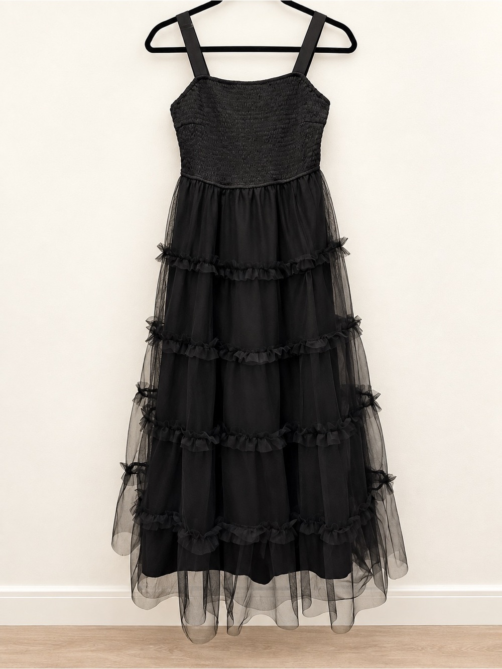 Girls' Black Tiered Tulle Maxi Dress with Smocked Bodice